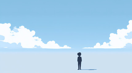 A lonely cartoon figure staring out at an endless horizon, the vast emptiness around them echoing their feelings of being utterly alone. Echoes. Illustration