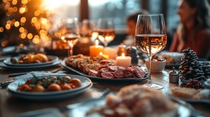 Festive dining table with food and drinks for celebration