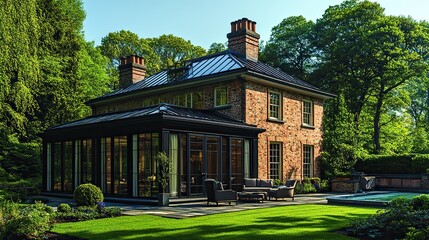 A large, modern orangery with a glass roof stands in the garden of a country house
