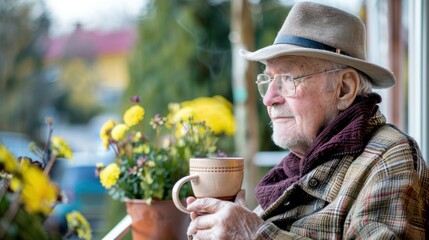 A senior adult enjoying a cup of tea or coffee on a sunny balcony or patio