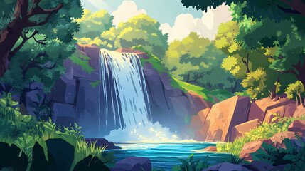 A picturesque waterfall flows gently through a tranquil forest, creating a soothing melody that echoes through the trees, foliage, forest, waterfall, scenic, gentle. Echoes. Illustration