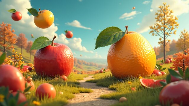 Surreal fruit landscape: oversized fruits integrated into miniature landscape, creative digital composition technique