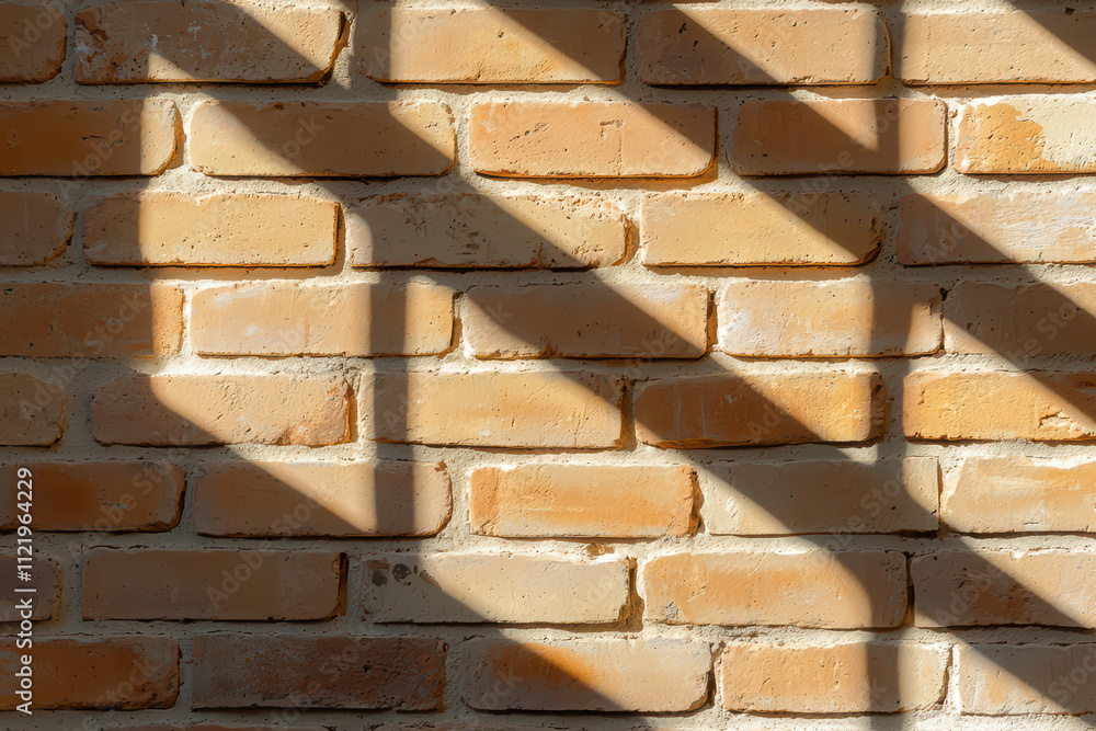 Poster weathered brick wall with shadows creating striking pattern. warm tones of bricks contrast beautiful