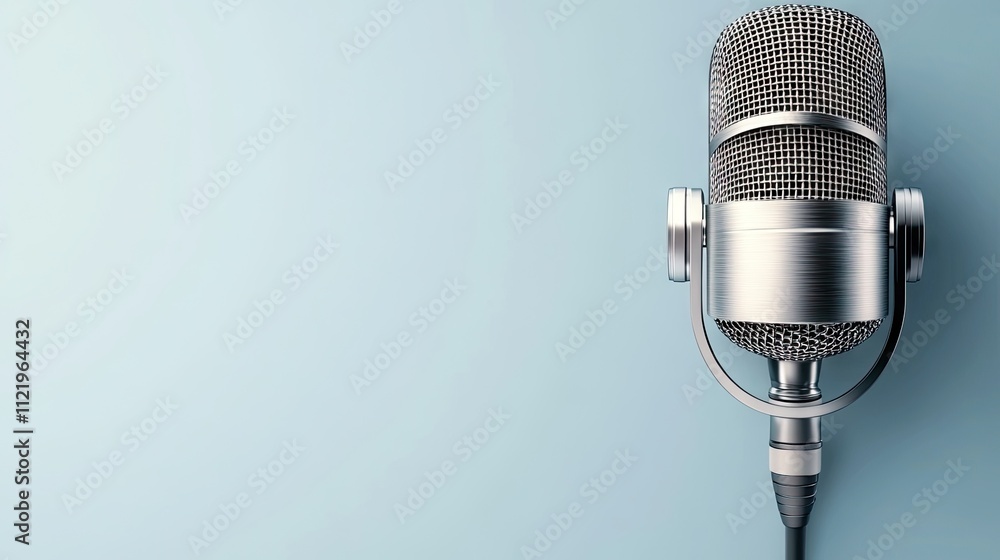 Poster this design features a sleek microphone alongside dynamic sound waves set against a calming blue bac