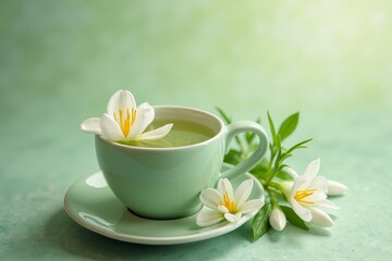 Cup of matcha tea with flowers, fresh mood, soft green background