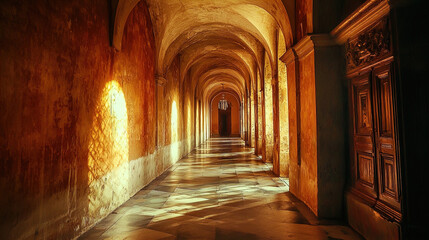 Fototapeta premium A long, well-lit corridor features arched ceilings and textured, warm-toned walls. The sunlight streams through, casting intricate shadows on the floor tiled with large stones. The corridor extends in
