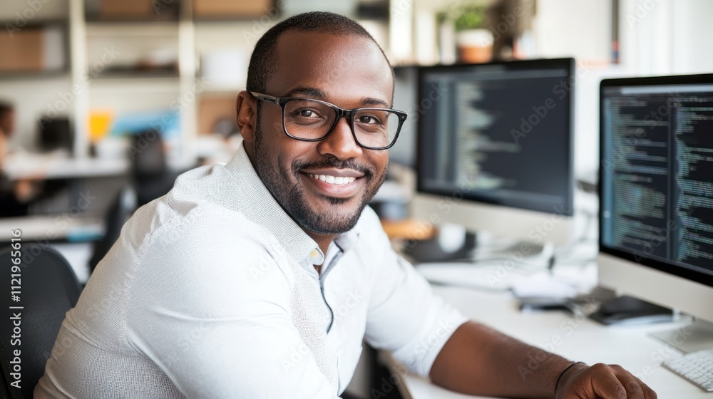 Poster smiling professional in tech workspace with computer