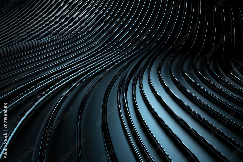 Poster sleek monochrome abstract composition featuring flowing metallic lines, creating sense of depth and 