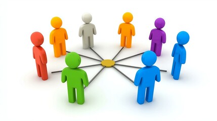 Colorful figures in a circle connected by lines symbolize teamwork and collaboration.