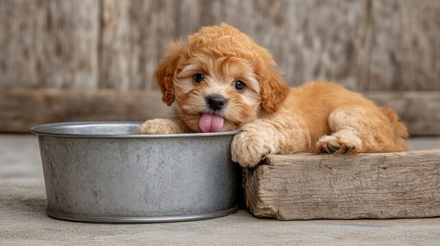 Adorable Puppy Awaiting Mealtime. Canine Patience with Tongue Out Beside Meta Dog Bowl.