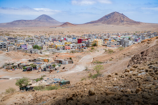 The famous city of Espargos and its colorful houses seen from the Monte Curral heights at noon, Sal island, Cape Verde
