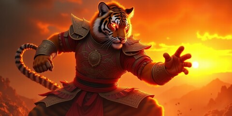 Fototapeta premium A fierce warrior tiger stands confidently against a vibrant sunset, embodying strength and bravery. Perfect for fantasy, gaming, and adventure themes.