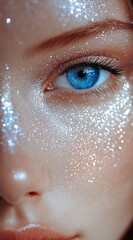 Fototapeta premium Shimmering Elegance: Close-Up Portrait with Silver Glitter and Radiant Blue Eyes