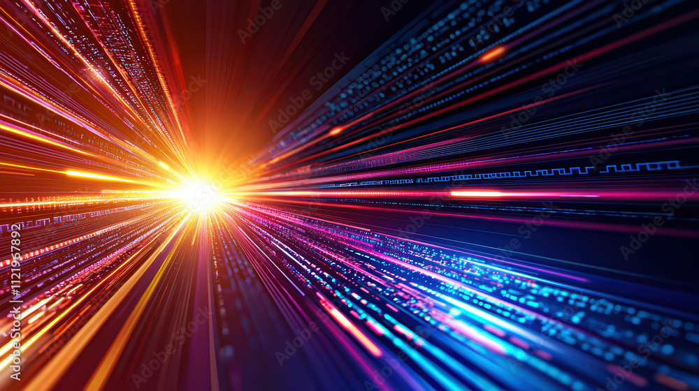 Poster vibrant abstract background with dynamic light streaks and glowing particles, creating sense of spee