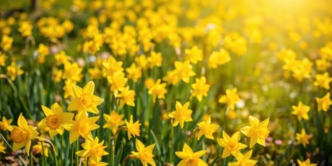 Fototapeta premium Vibrant daffodil flowers blooming in a vast field during springtime, sunny, seasonal, spring