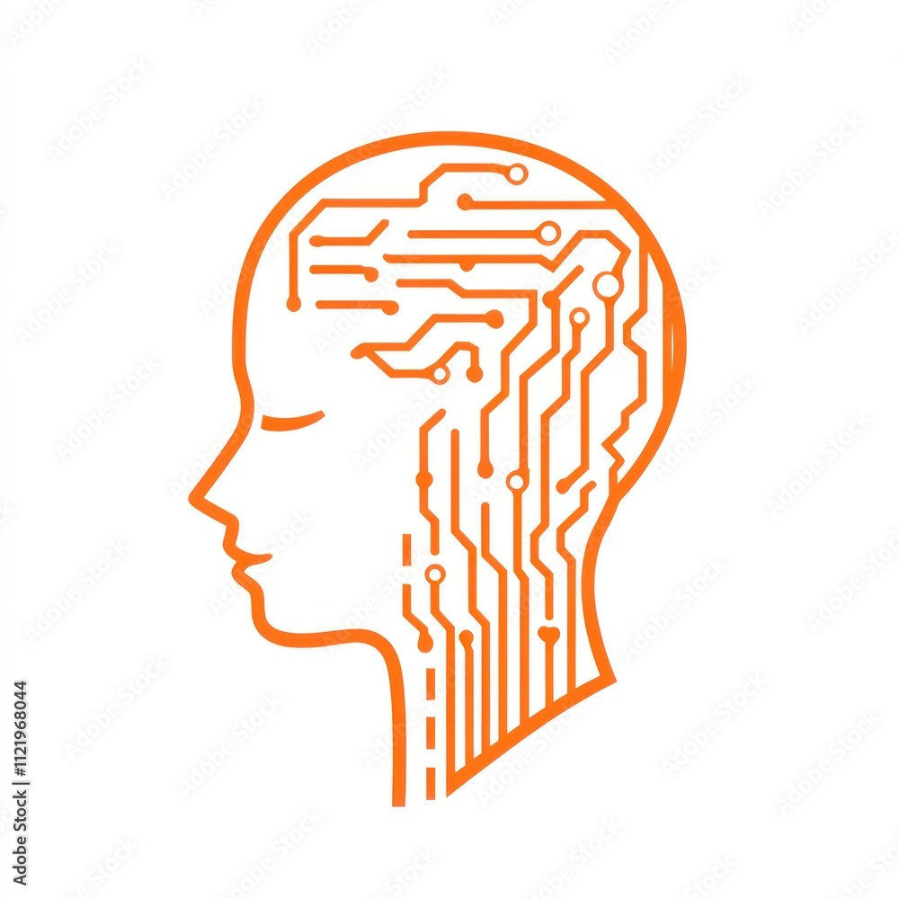 Poster abstract illustration of a human head with circuit board lines inside, symbolizing artificial intell