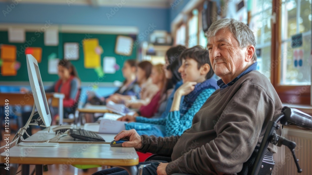 Poster adults with learning difficulties participating in a supportive classroom environment, using assisti