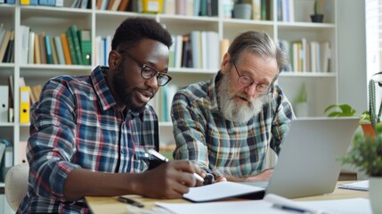 An adult learner with difficulties working with a tutor, using adaptive learning materials