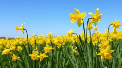 Fototapeta premium Vibrant yellow daffodil flowers blooming in a peaceful field under clear blue skies, field, flowers, sunny