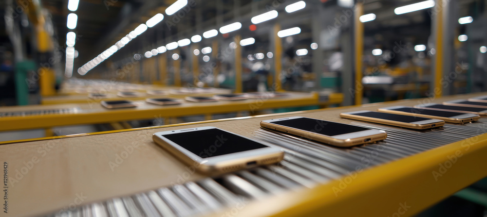 Poster modern electronics conveyor system for cell phone packaging in high-tech factory environment