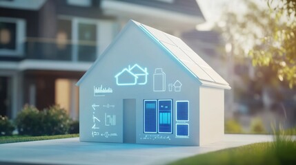 Modern house with illuminated blueprints and energy-efficient designs.