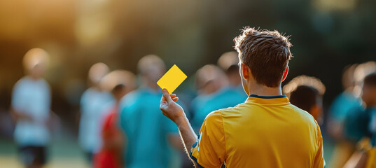 Soccer Referee Issuing Yellow Card in Intense Match for Sports Training and Disciplinary Concept