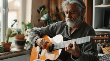 Obraz premium An adult practicing a musical instrument at home, following along with an online tutorial