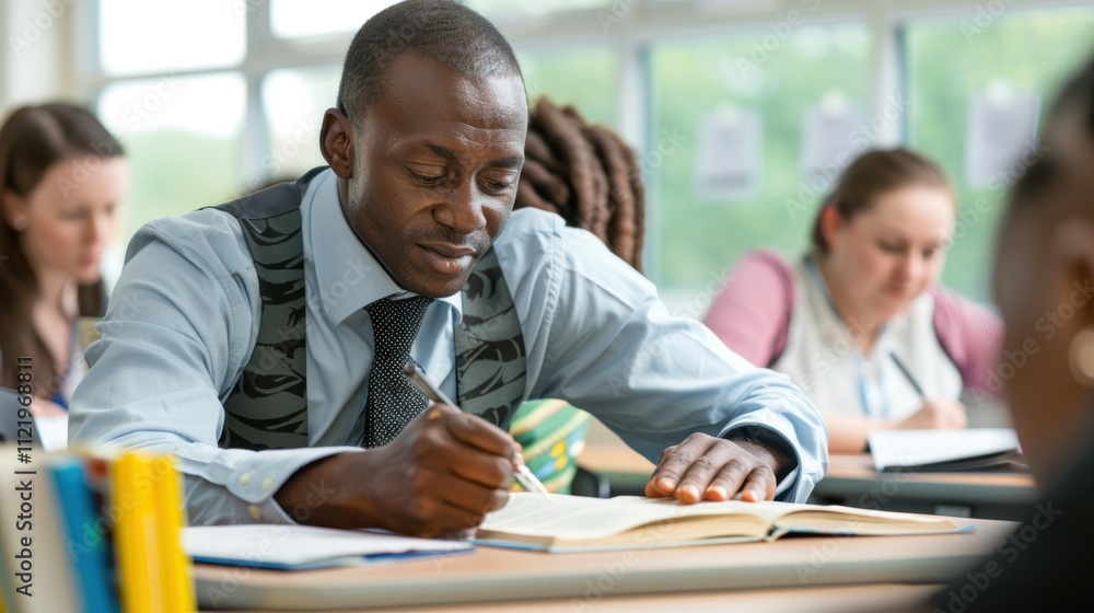 Poster an english teacher guiding adults through reading and comprehension exercises in a classroom setting
