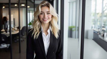 Fototapeta premium Confident business woman portrait in office. Lady entrepreneur, female professional manager leader in modern company office. Business female model Portrait.