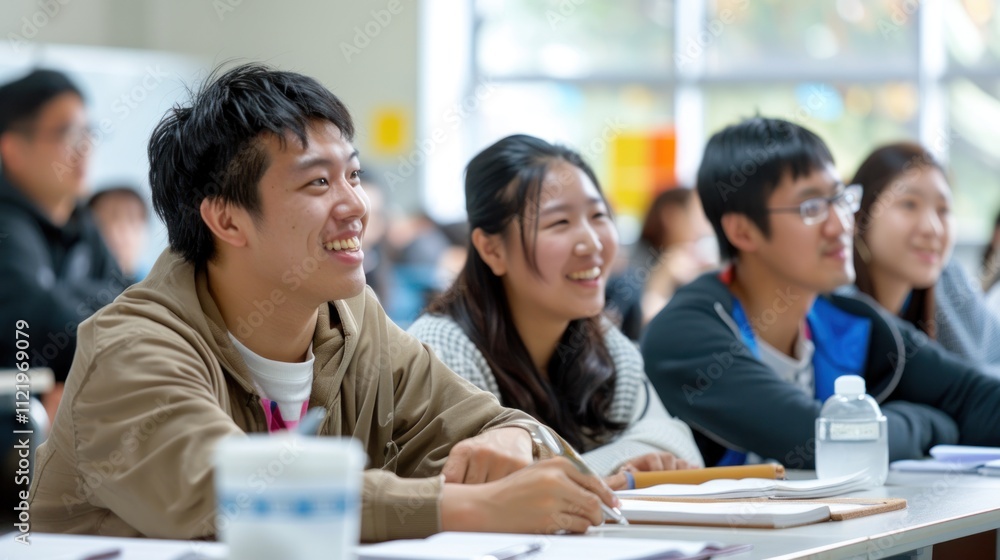Poster asian adults studying for professional development, taking notes and discussing topics in a classroo