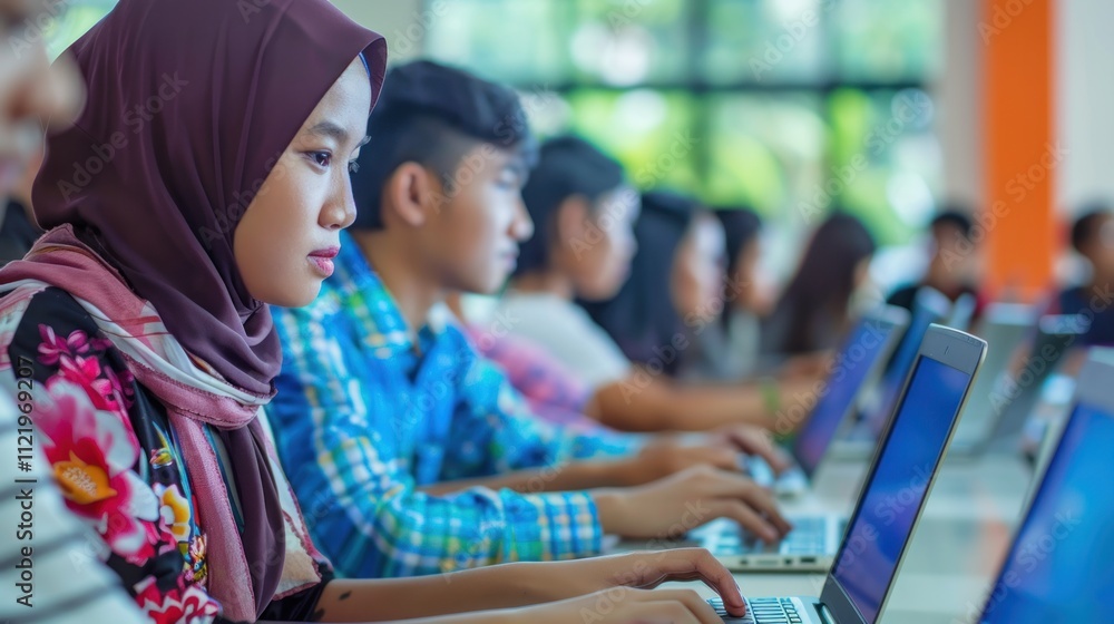 Poster a group of asian learners participating in a computer literacy workshop, using laptops and tablets