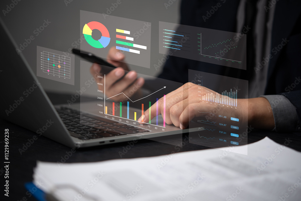 Aufkleber businessman using laptop computer data analysis and financial growth graph chart marketing report. b