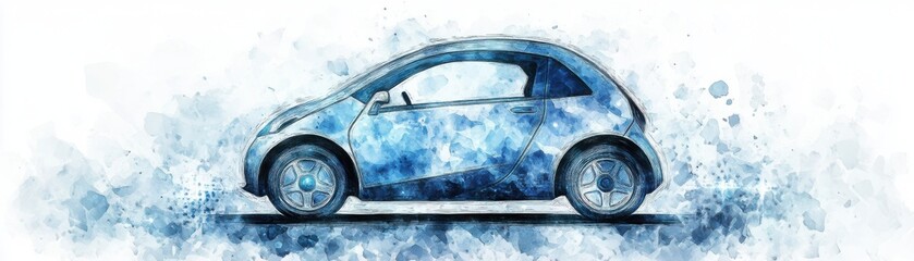 Obraz premium Stylish blue car illustration with watercolor effect on a light background.