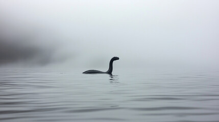 Fototapeta premium The silhouette of the Loch Ness monster emerging from foggy waters, its long neck and head breaking the surface under a gray sky