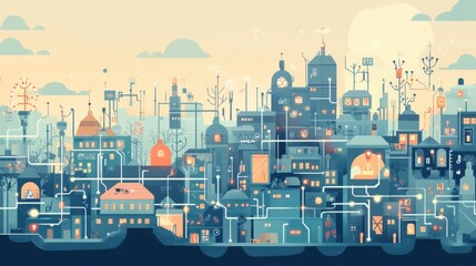 Obraz premium Stylized city skyline with colorful buildings and intricate details under a soft sunset.