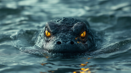 Obraz premium A close-up of the Loch Ness monsterÃ¢ÂÂs head peering out of the water, its scaly skin and glowing yellow eyes visible