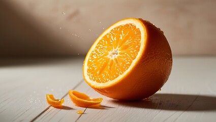 A juicy orange half rests on a wooden surface