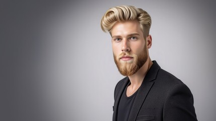 Model with stylish hair and beard. Man with long beard and mustache on serious face. Handsome male model with beard, mustache and trendy hairdo. Beard and mustache haircut. Bearded man.