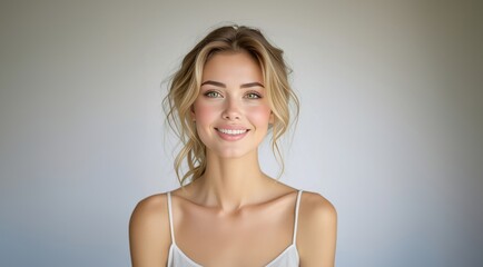 Fototapeta premium Happy smiling female face. Sexy model. Beauty sensual woman portrait. Beauty portrait of a young cute woman. Gorgeous girl. Beautiful portrait of blonde model.