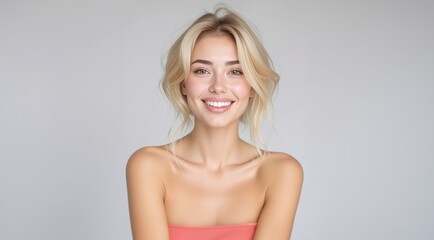 Fototapeta premium Close up face of young woman with beautiful smile. Beautiful smiling young woman with clean fresh skin and white teeth. Face care, Facial treatment, Cosmetology, beauty and spa, women portrait.