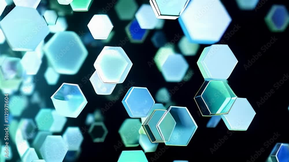 Poster a dynamic and visually striking blue hexagonal pattern featuring glowing elements ideal for tech and
