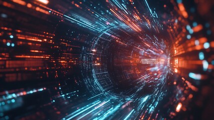 Fototapeta premium A futuristic holographic logo with glitch effects, floating in a digital space filled with light trails 