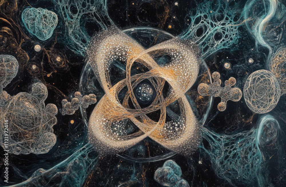 Poster a stylized image of an atom with particles of protons and neutrons and other subatomic particles on 