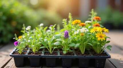 A colorful seedling tray displayed on a sunny patio, featuring a variety of herbs and flowers
