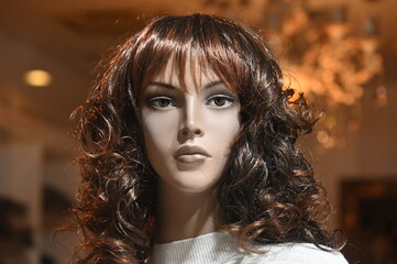 Gesicht eine Schaufensterpuppe mit brauen gelockten Haaren

