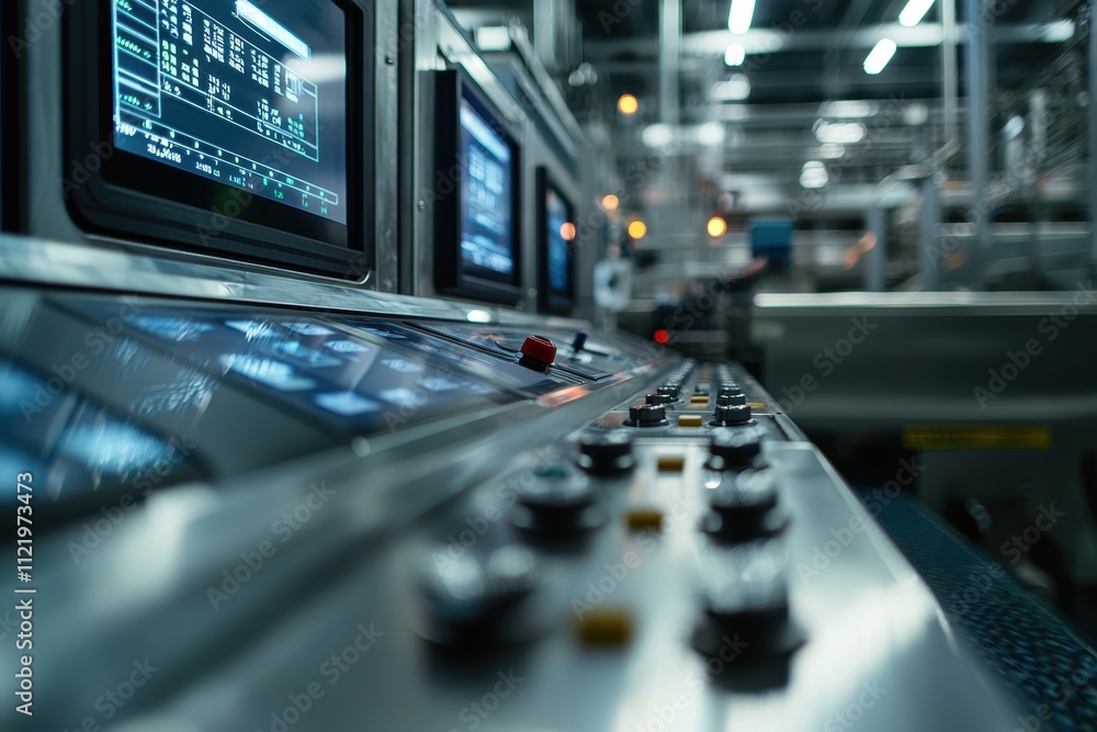 Poster technician operating control panel in high-tech conveyor system for manufacturing efficiency