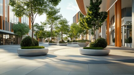 Modern city plaza with trees in planters.