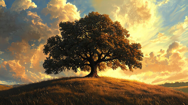 A majestic tree stands prominently on a rolling hill, bathed in the warm glow of a setting sun. The tree features a dense canopy of green and golden foliage, with branches extending outward in a robus