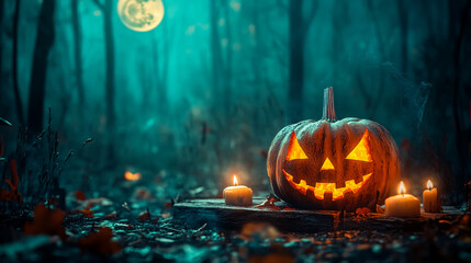 Naklejka premium A Halloween-themed pumpkin jack-o'-lantern with burning candles set against a spooky forest backdrop featuring a full moon and wooden table, creating a haunting Halloween atmosphere.