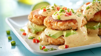 Eggs Benedict with a unique twist, featuring crab cakes and avocado, isolated on a coastal-themed background